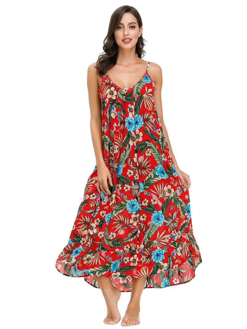 Vestido Feminino Maxi Floral Boho com Decote em V e Alças Ajustáveis 