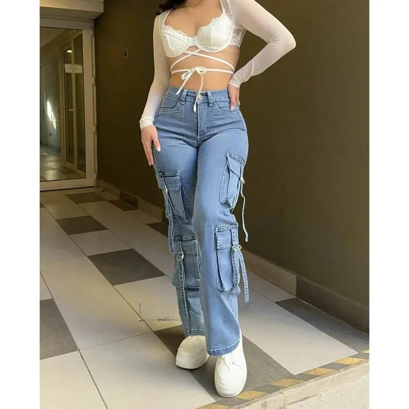 Calça Riley Jeans de Cintura Alta com Vários Bolsos e Resistência a Rugas