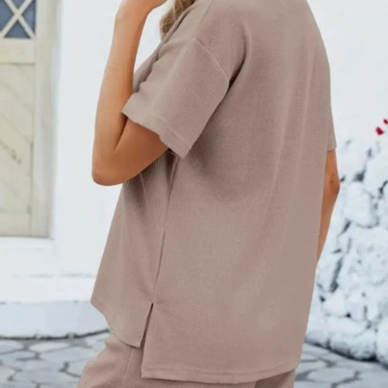 Conjunto Feminino Solid Grace - Camisa de Manga Curta Solta e Calças Casuais, Terno Monocromático