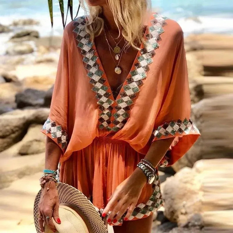 Conjunto Boho Vibe - Vestido com Estampa e Decote em V