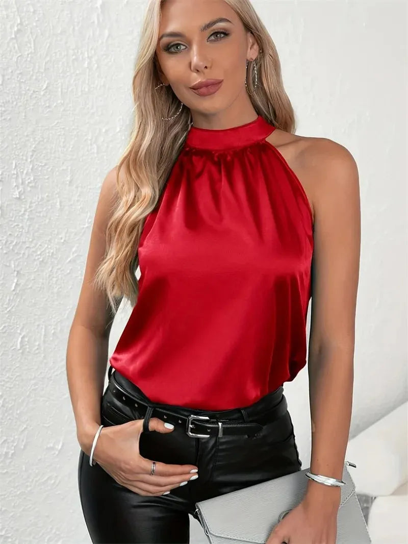 Blusa Feminina Luna Halter Sem Mangas, Monocromático e Casual