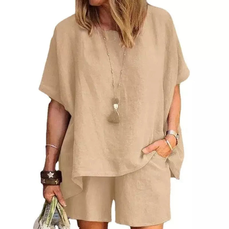 Conjunto Feminino Vintage Linen - Camisa de Manga Curta Solta e Shorts em Algodão