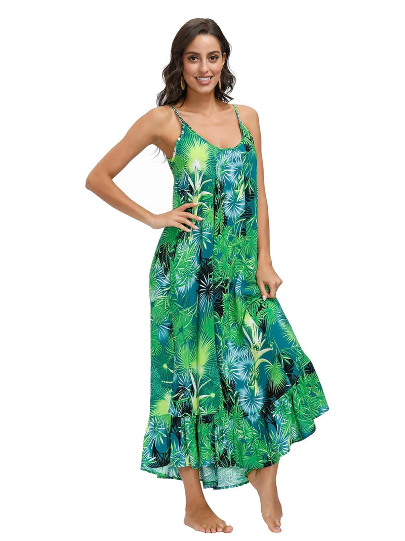 Vestido Feminino Maxi Floral Boho com Decote em V e Alças Ajustáveis 